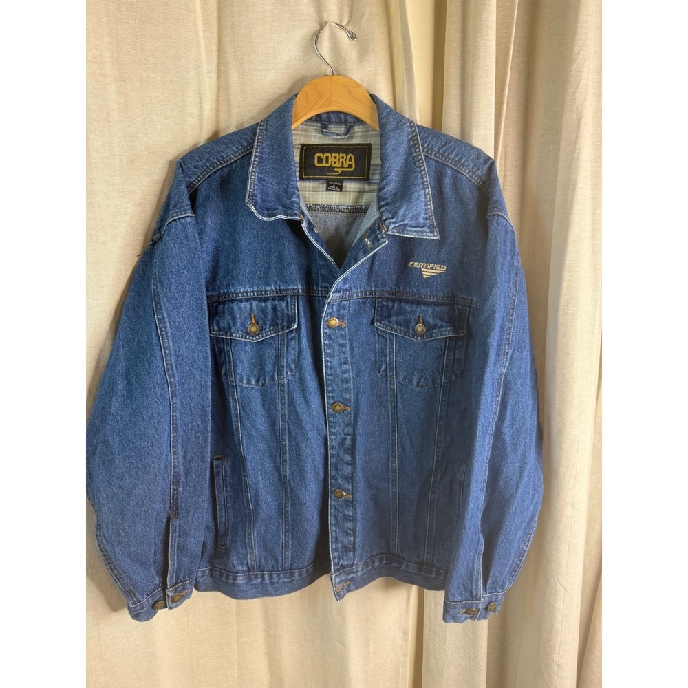 Vintage COBRA Denim Jacket Mens L Certified Blue Jean Button‎ Front Trucker